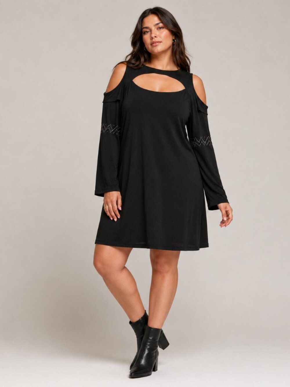 Black Rhinestone Angel Wings Cold Shoulder Dress – Long Sleeve Shift Dress, XL
